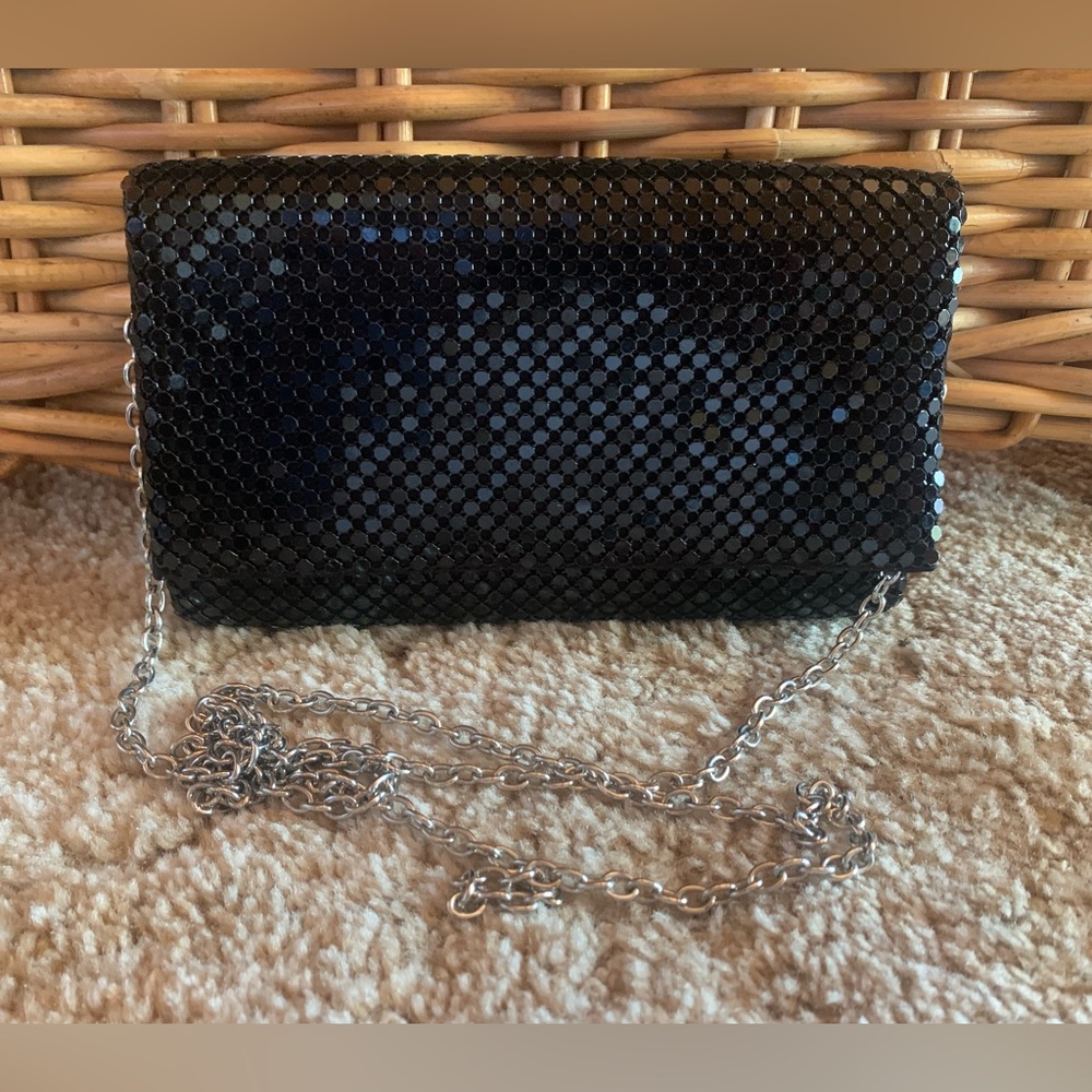EUC BRANDLESS Small Black Sequin Clutch with Chain Shoulder Strap